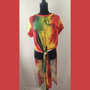 Objex Tie Dye Short Sleeve Tie Front Top With Long Tail Back 3X